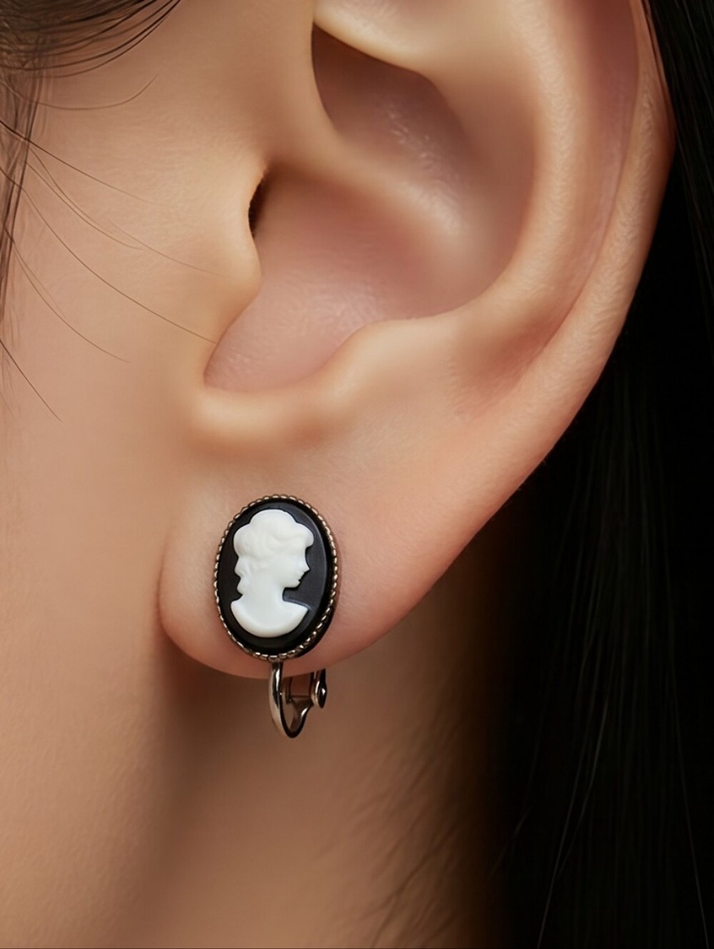 Black Cameo Clip On Earrings Victorian Gothic Screw Back Vintage Jewelry